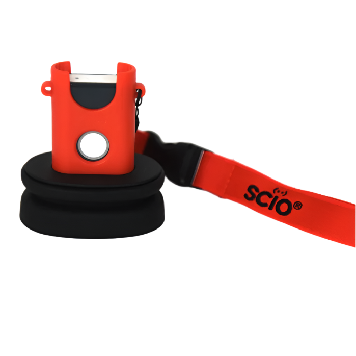 Red and black device with a strap labeled 'SCIO' on a white background
